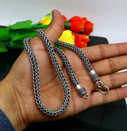 22-inch TRIBAL ORNAMENTS sterling silver heavy wheat chain necklace with oxidized tribal design and vintage craftsmanship.