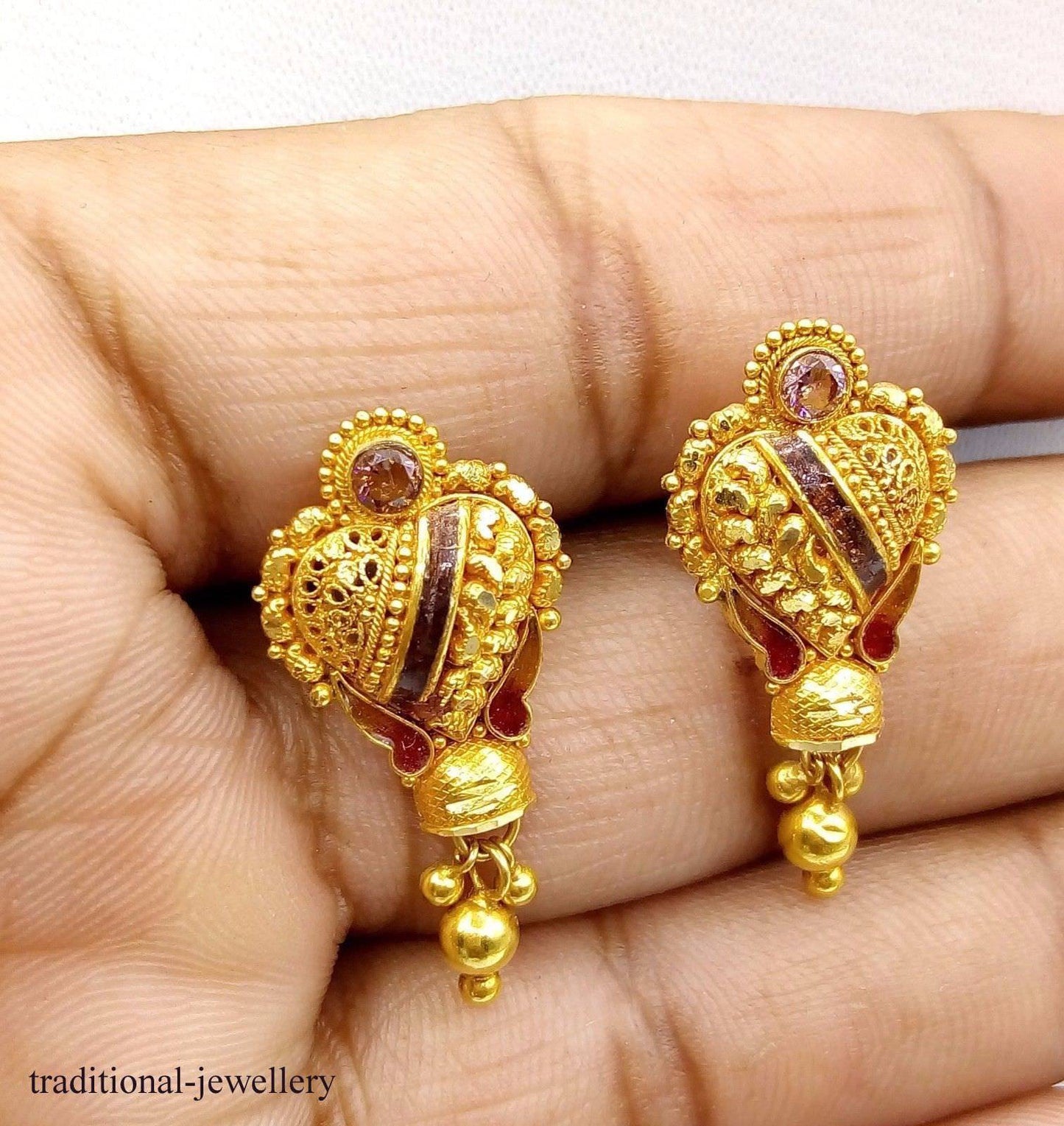 20k Gold antique tribal handmade enamel earring jewelry beautiful pair earring india rajasthan - TRIBAL ORNAMENTS
