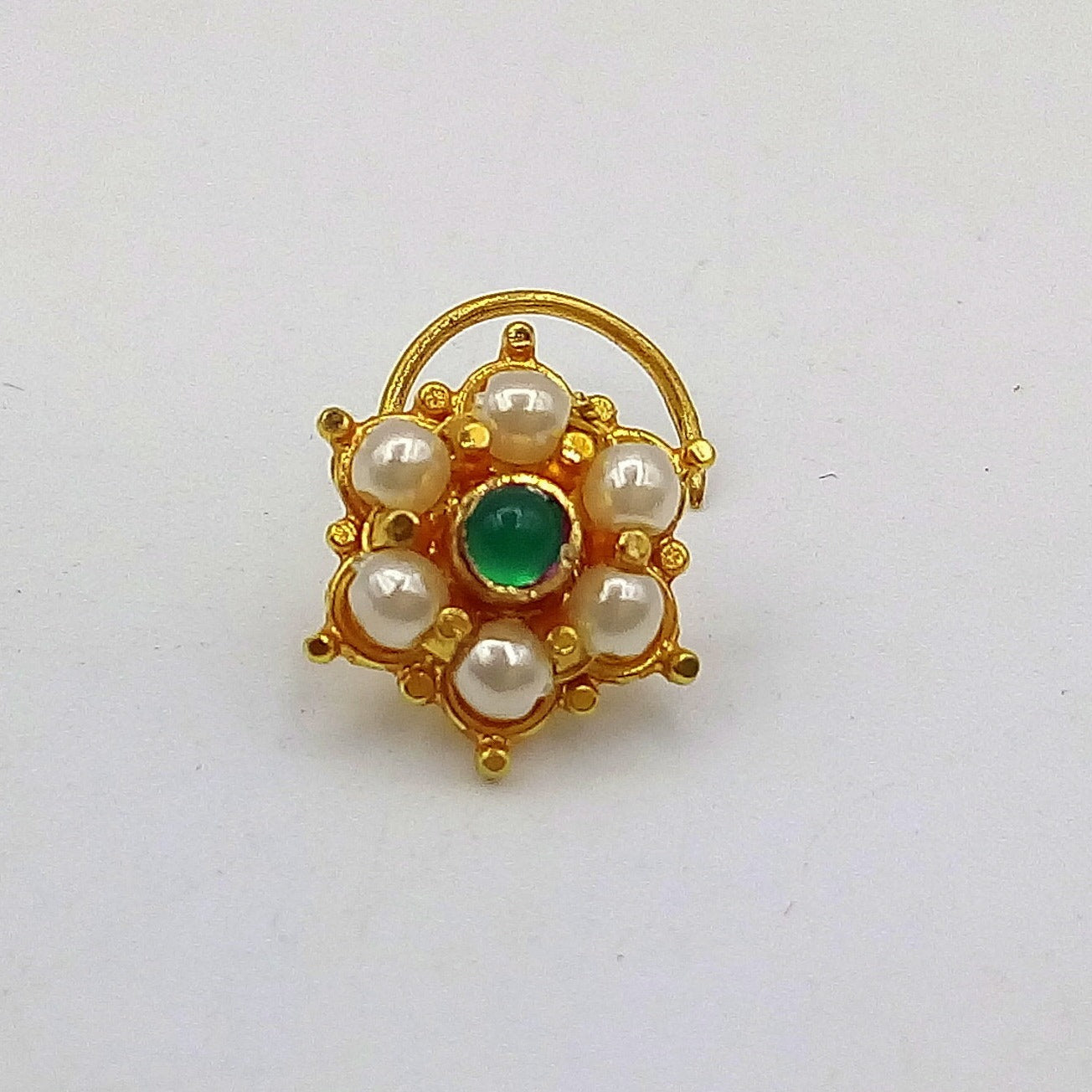20k yellow gold handmade fabulous green stone pearl nose pin excellent antique vintage design tribal jewelry gnp20 - TRIBAL ORNAMENTS