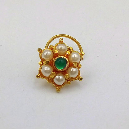 20k yellow gold handmade fabulous green stone pearl nose pin excellent antique vintage design tribal jewelry gnp20 - TRIBAL ORNAMENTS