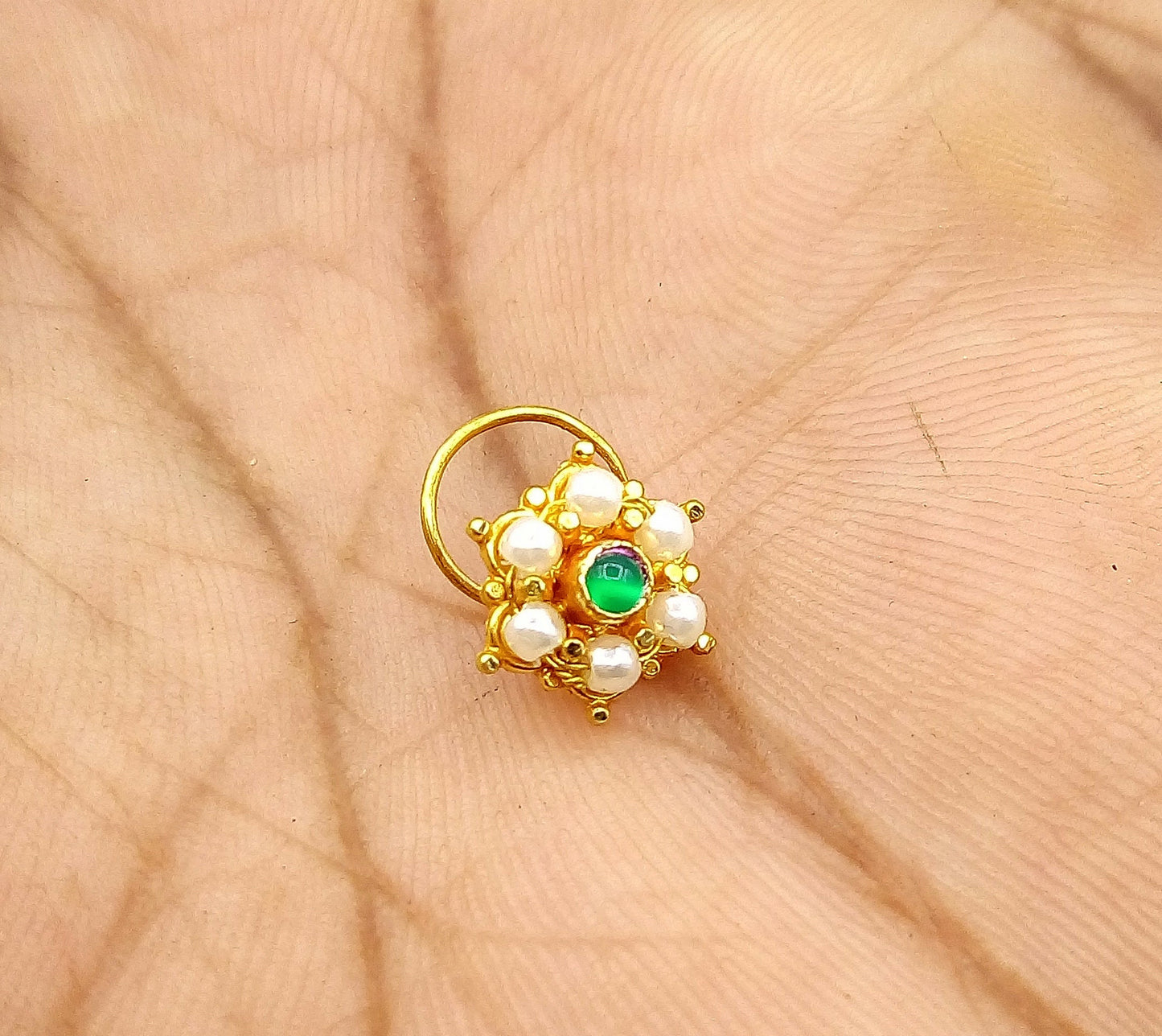 20k yellow gold handmade fabulous green stone pearl nose pin excellent antique vintage design tribal jewelry gnp20 - TRIBAL ORNAMENTS