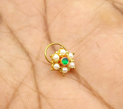 20k yellow gold handmade fabulous green stone pearl nose pin excellent antique vintage design tribal jewelry gnp20 - TRIBAL ORNAMENTS