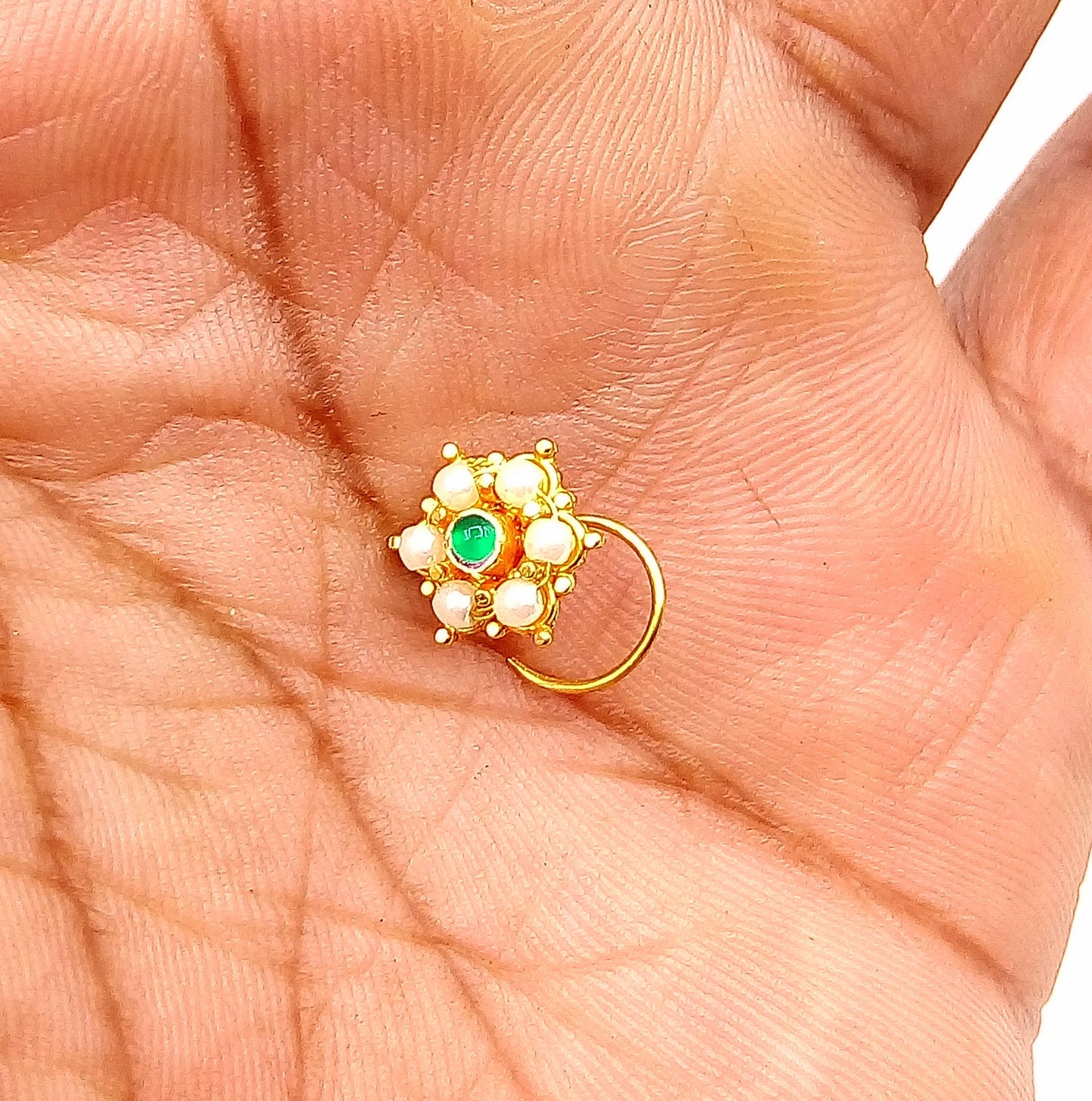 20k yellow gold handmade fabulous green stone pearl nose pin excellent antique vintage design tribal jewelry gnp20 - TRIBAL ORNAMENTS