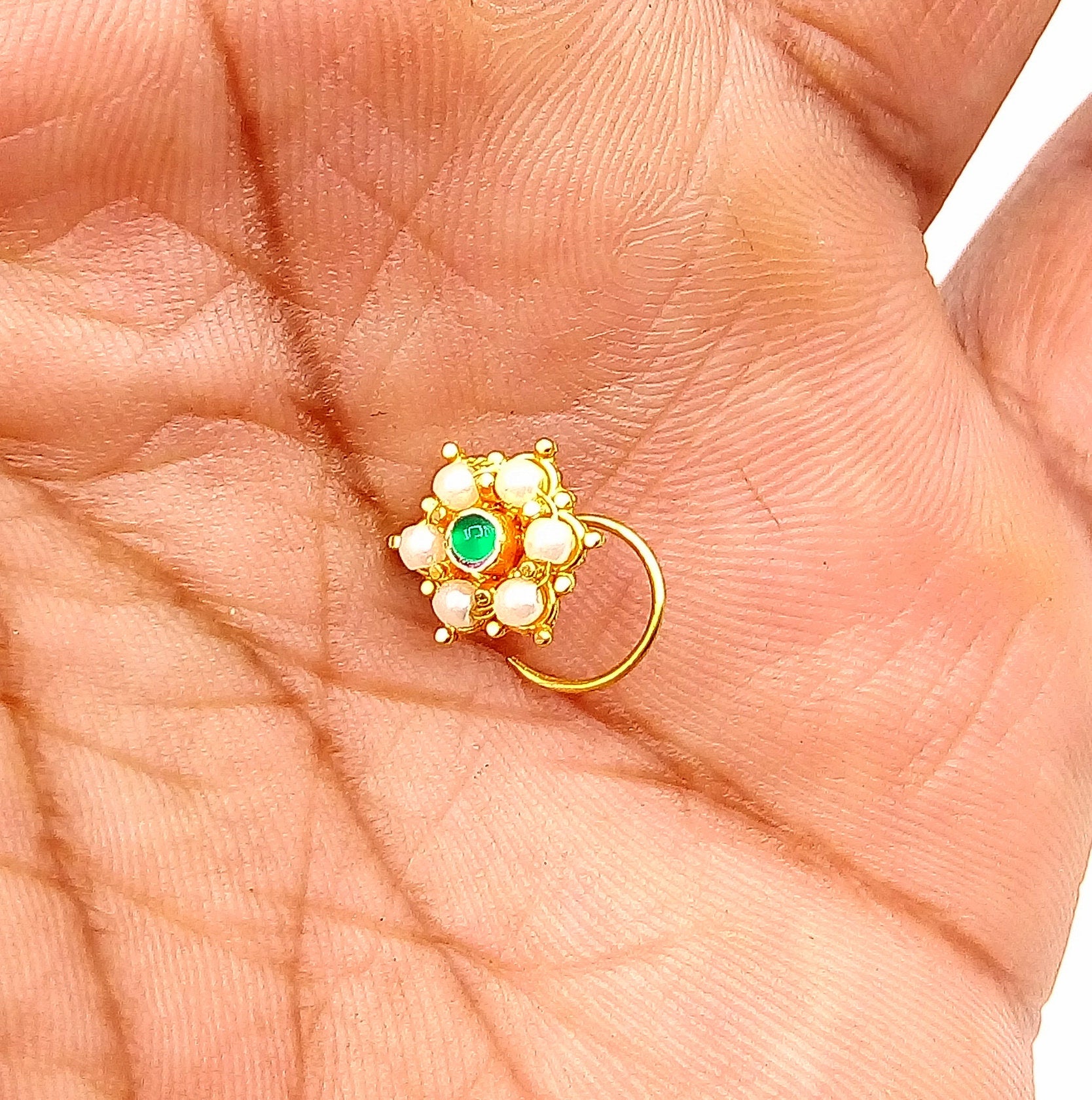 20k yellow gold handmade fabulous green stone pearl nose pin excellent antique vintage design tribal jewelry gnp20 - TRIBAL ORNAMENTS