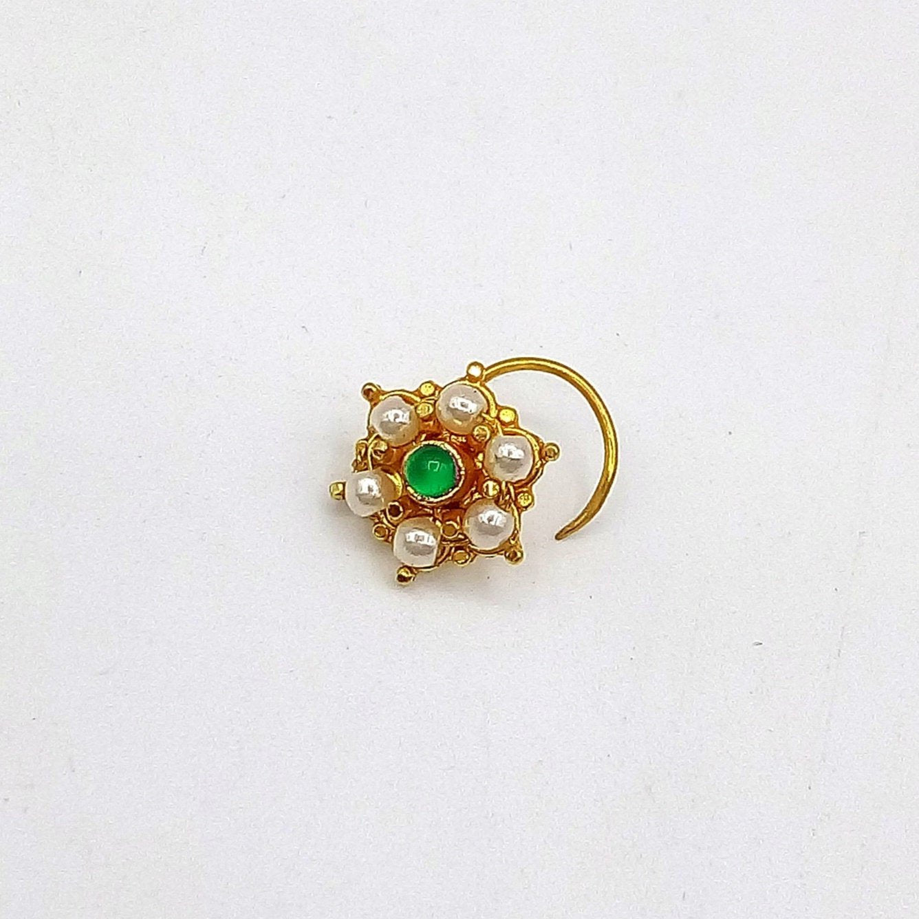 20k yellow gold handmade fabulous green stone pearl nose pin excellent antique vintage design tribal jewelry gnp20 - TRIBAL ORNAMENTS