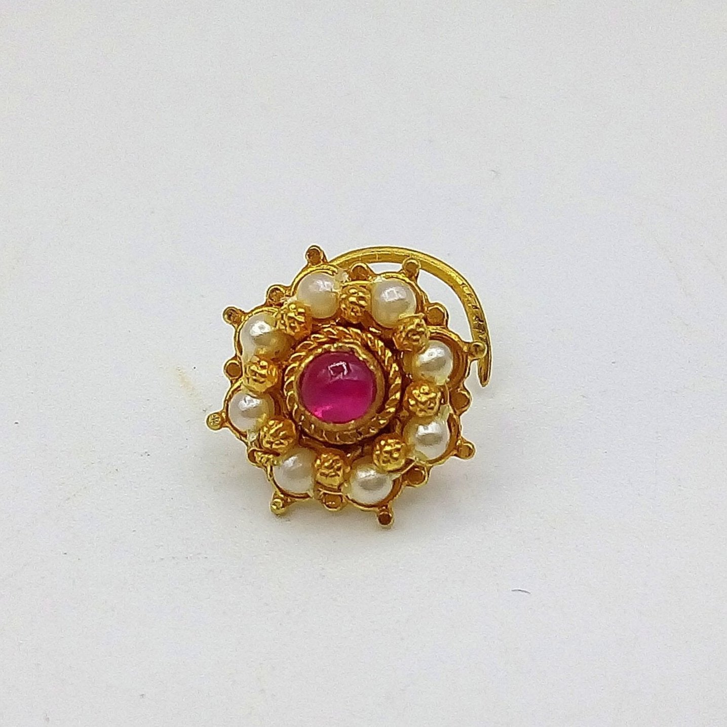 20k yellow gold handmade fabulous red stone pearl nose pin excellent antique vintage design tribal jewelry gnp21 - TRIBAL ORNAMENTS