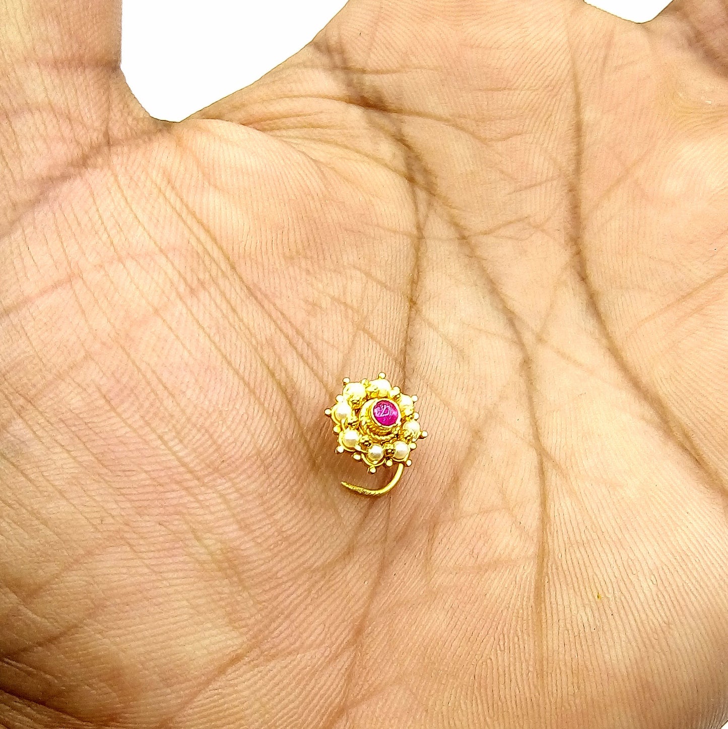 20k yellow gold handmade fabulous red stone pearl nose pin excellent antique vintage design tribal jewelry gnp21 - TRIBAL ORNAMENTS