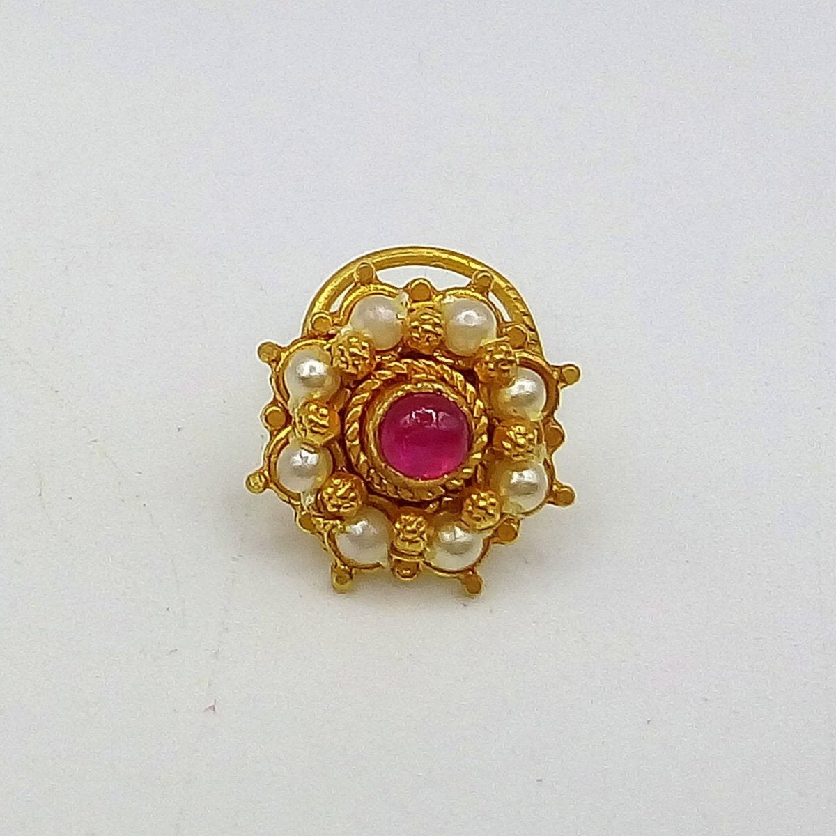 20k yellow gold handmade fabulous red stone pearl nose pin excellent antique vintage design tribal jewelry gnp21 - TRIBAL ORNAMENTS