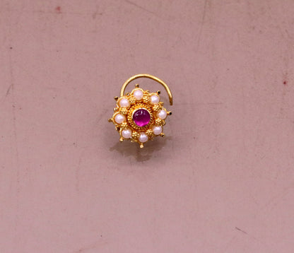 20k yellow gold handmade fabulous red stone pearl nose pin excellent antique vintage design tribal jewelry gnp21 - TRIBAL ORNAMENTS