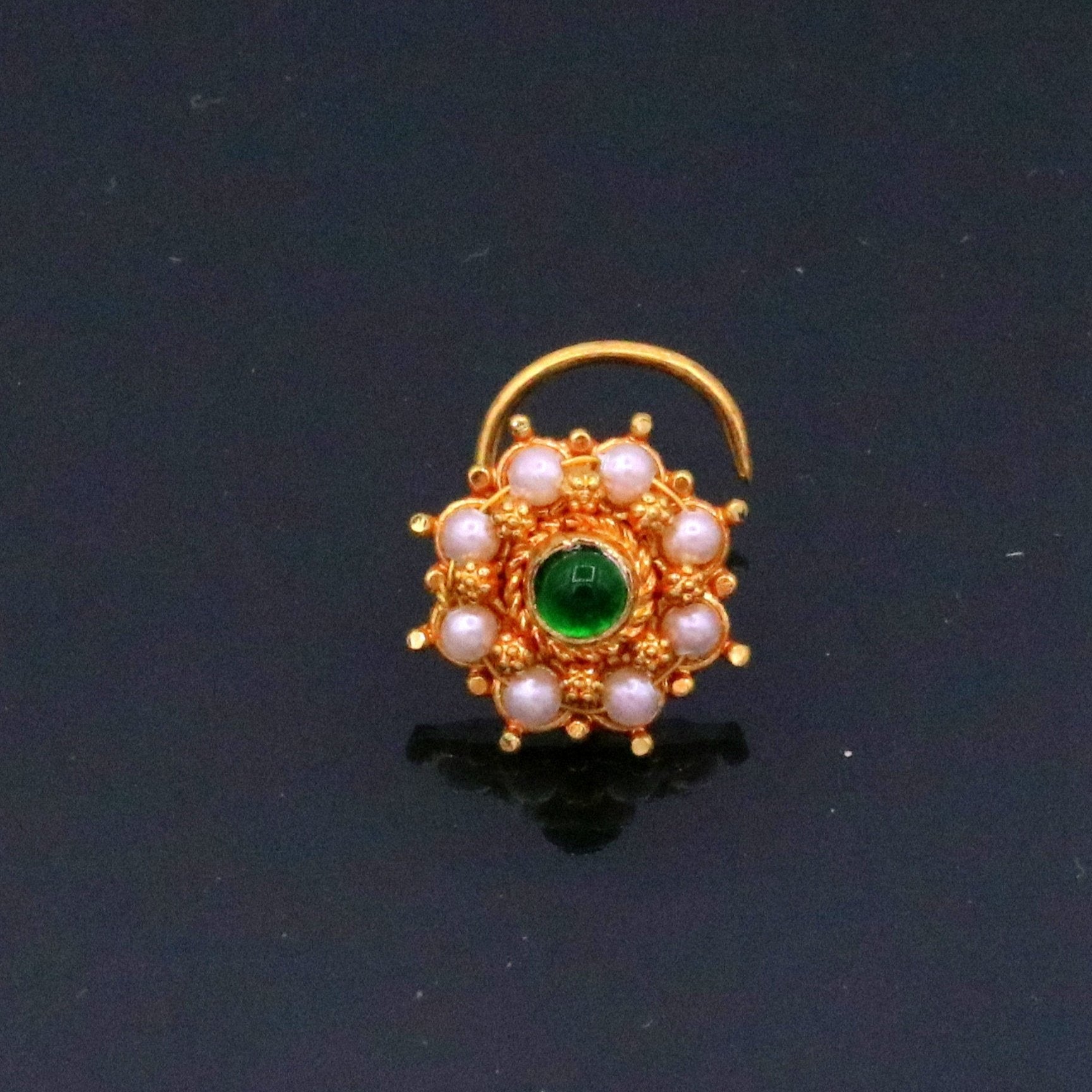 20kt ct excellent vintage antique designer nose pin pearl and green onyx stone fabulous stylish girl's women's nose pin party jewelry  gnp14 - TRIBAL ORNAMENTS