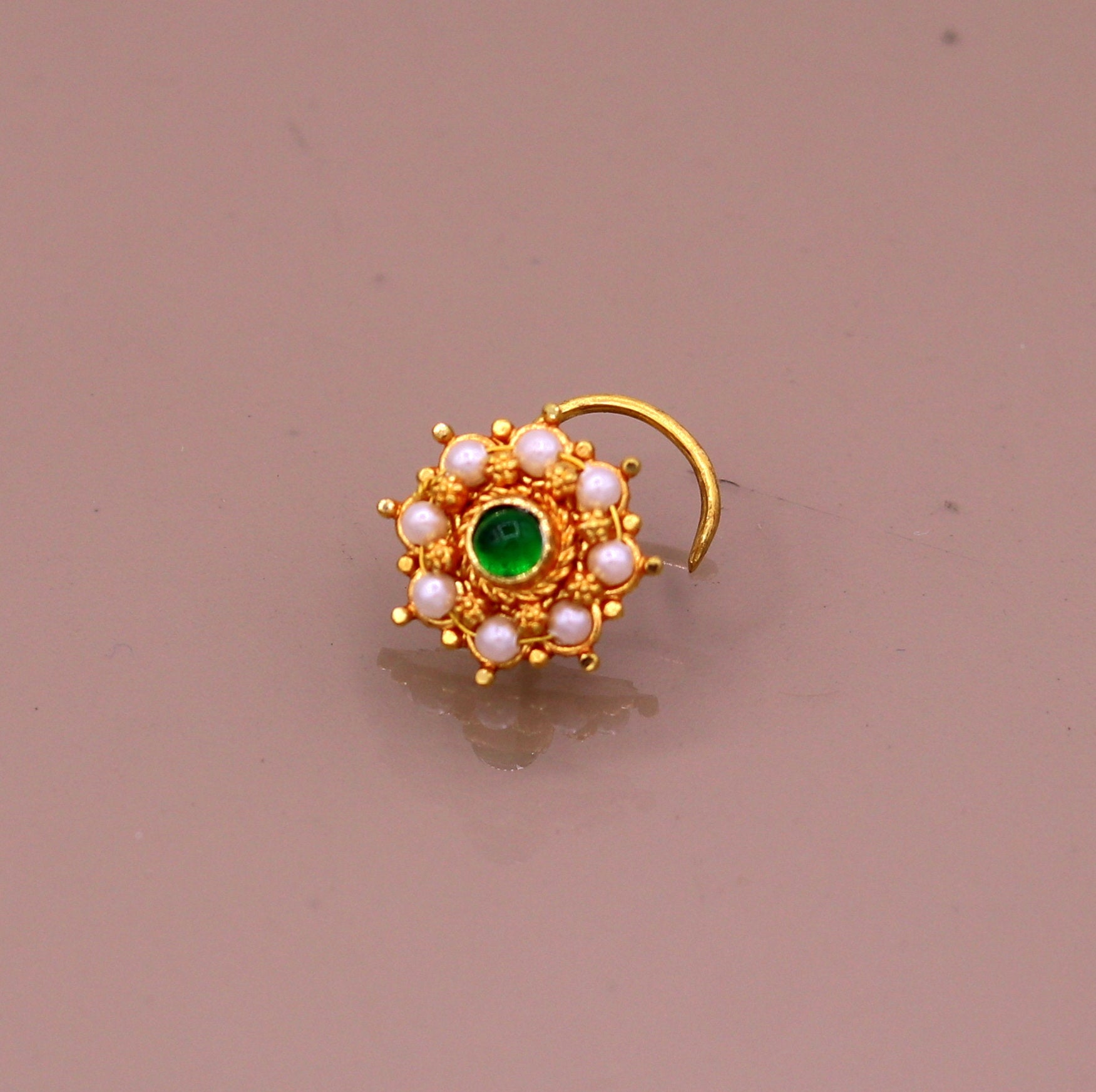 20kt ct excellent vintage antique designer nose pin pearl and green onyx stone fabulous stylish girl's women's nose pin party jewelry  gnp14 - TRIBAL ORNAMENTS