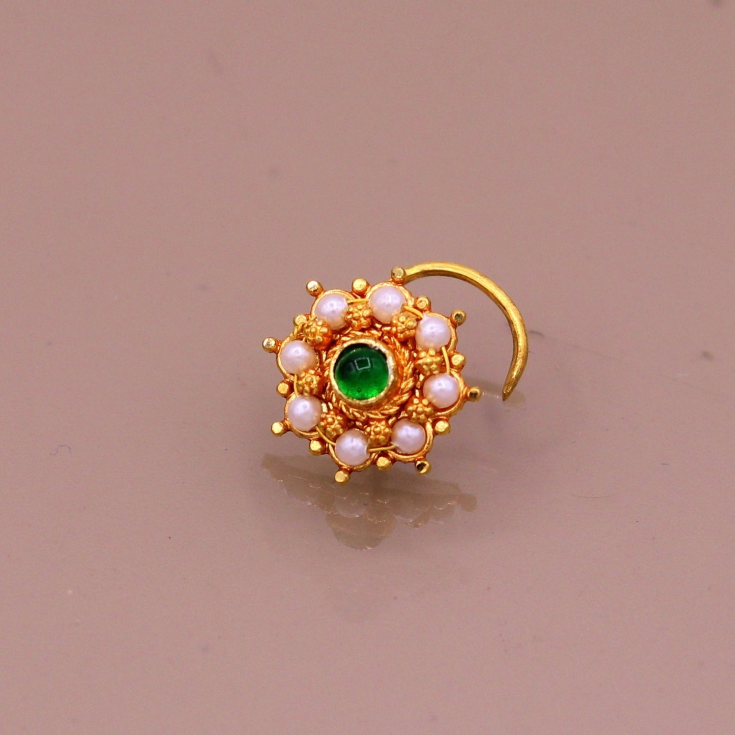 20kt ct excellent vintage antique designer nose pin pearl and green onyx stone fabulous stylish girl's women's nose pin party jewelry  gnp14 - TRIBAL ORNAMENTS