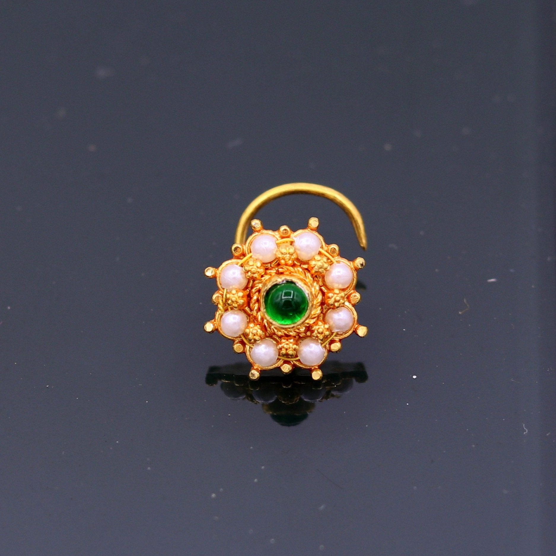 20kt ct excellent vintage antique designer nose pin pearl and green onyx stone fabulous stylish girl's women's nose pin party jewelry  gnp14 - TRIBAL ORNAMENTS
