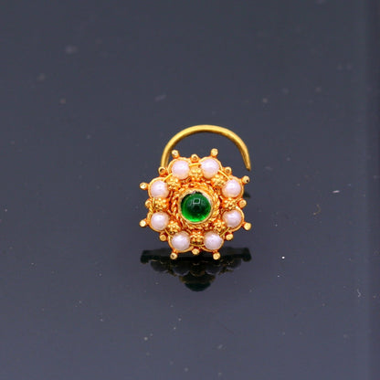 20kt ct excellent vintage antique designer nose pin pearl and green onyx stone fabulous stylish girl's women's nose pin party jewelry  gnp14 - TRIBAL ORNAMENTS