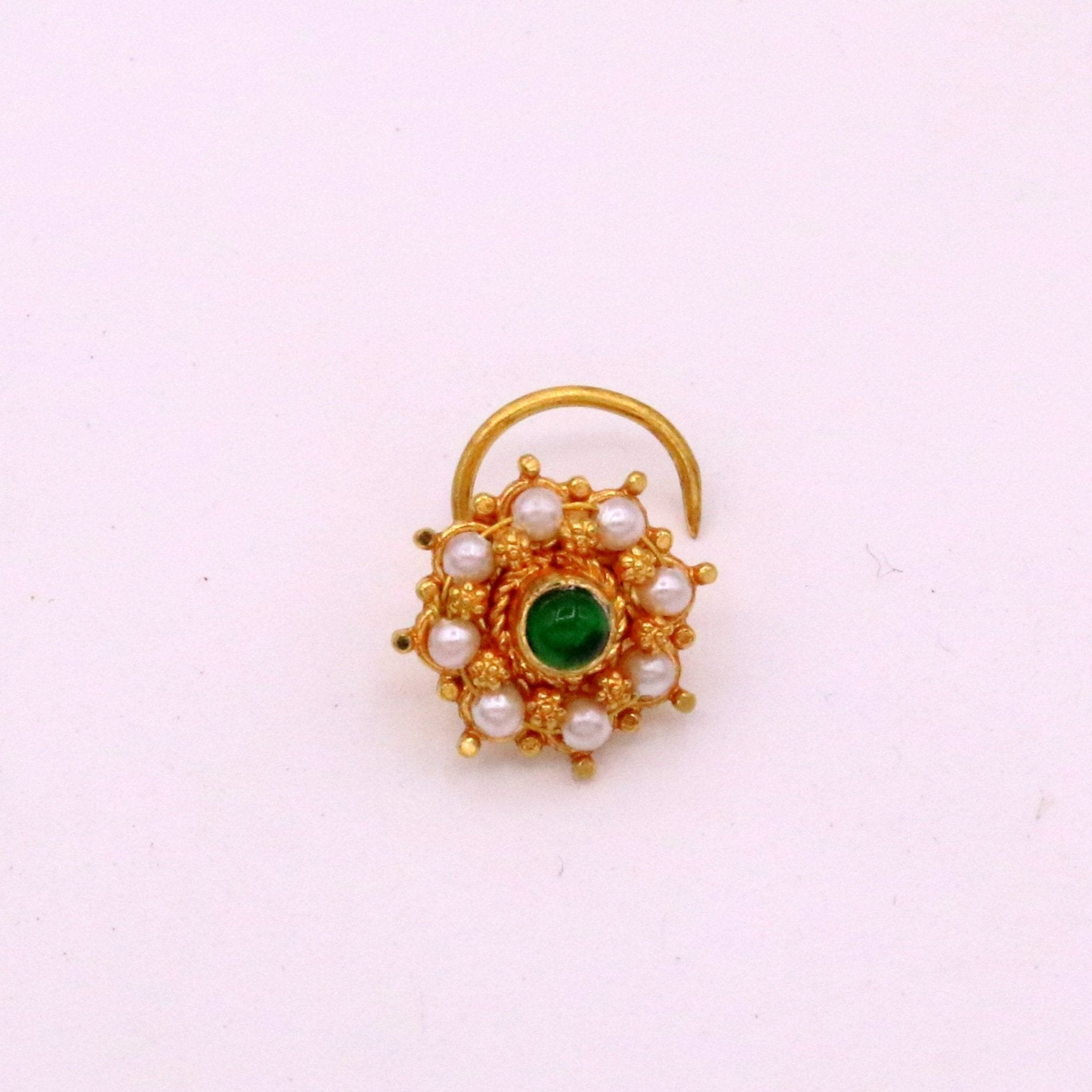 20kt ct excellent vintage antique designer nose pin pearl and green onyx stone fabulous stylish girl's women's nose pin party jewelry  gnp14 - TRIBAL ORNAMENTS