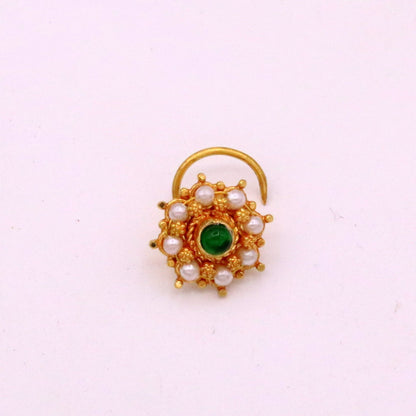 20kt ct excellent vintage antique designer nose pin pearl and green onyx stone fabulous stylish girl's women's nose pin party jewelry  gnp14 - TRIBAL ORNAMENTS