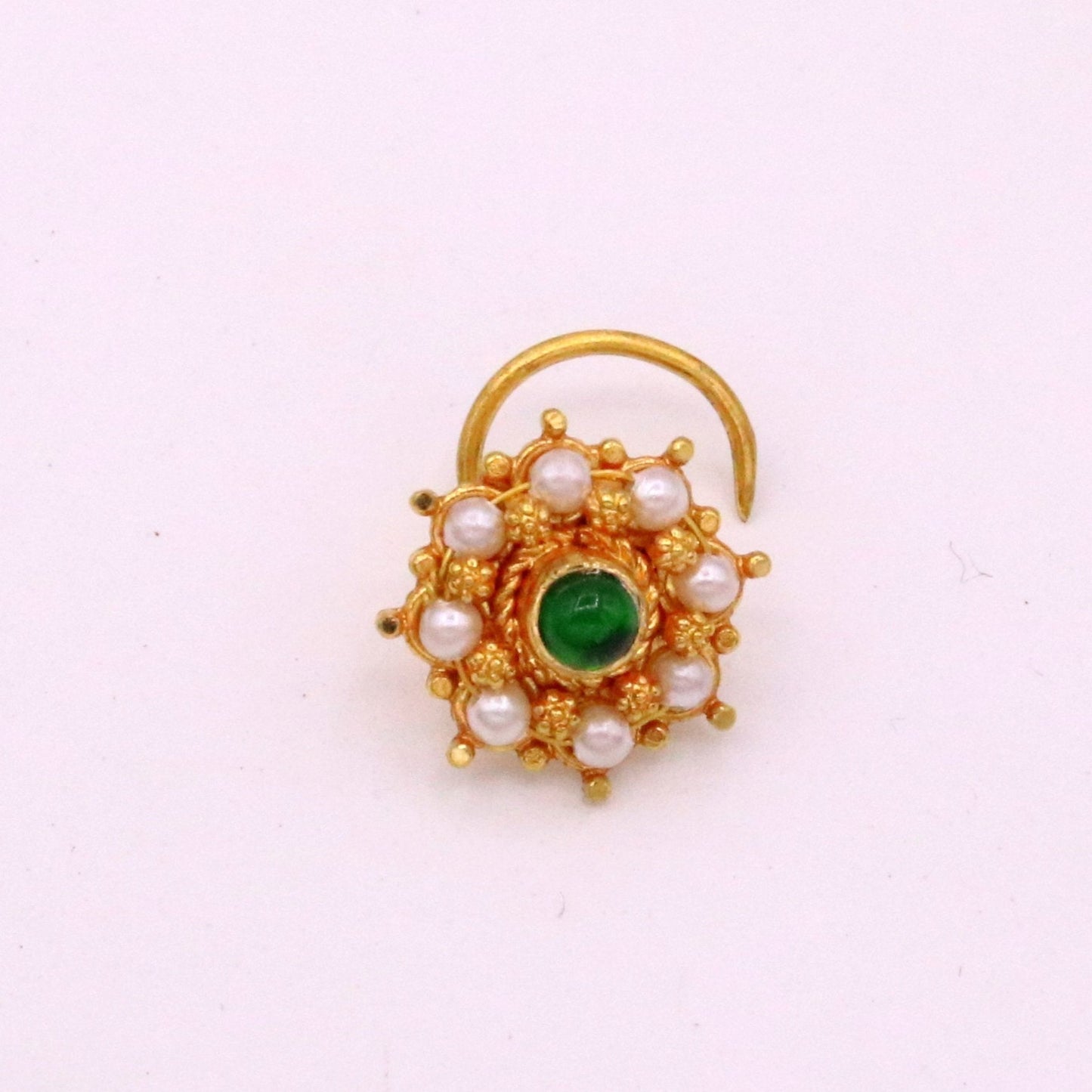 20kt ct excellent vintage antique designer nose pin pearl and green onyx stone fabulous stylish girl's women's nose pin party jewelry  gnp14 - TRIBAL ORNAMENTS