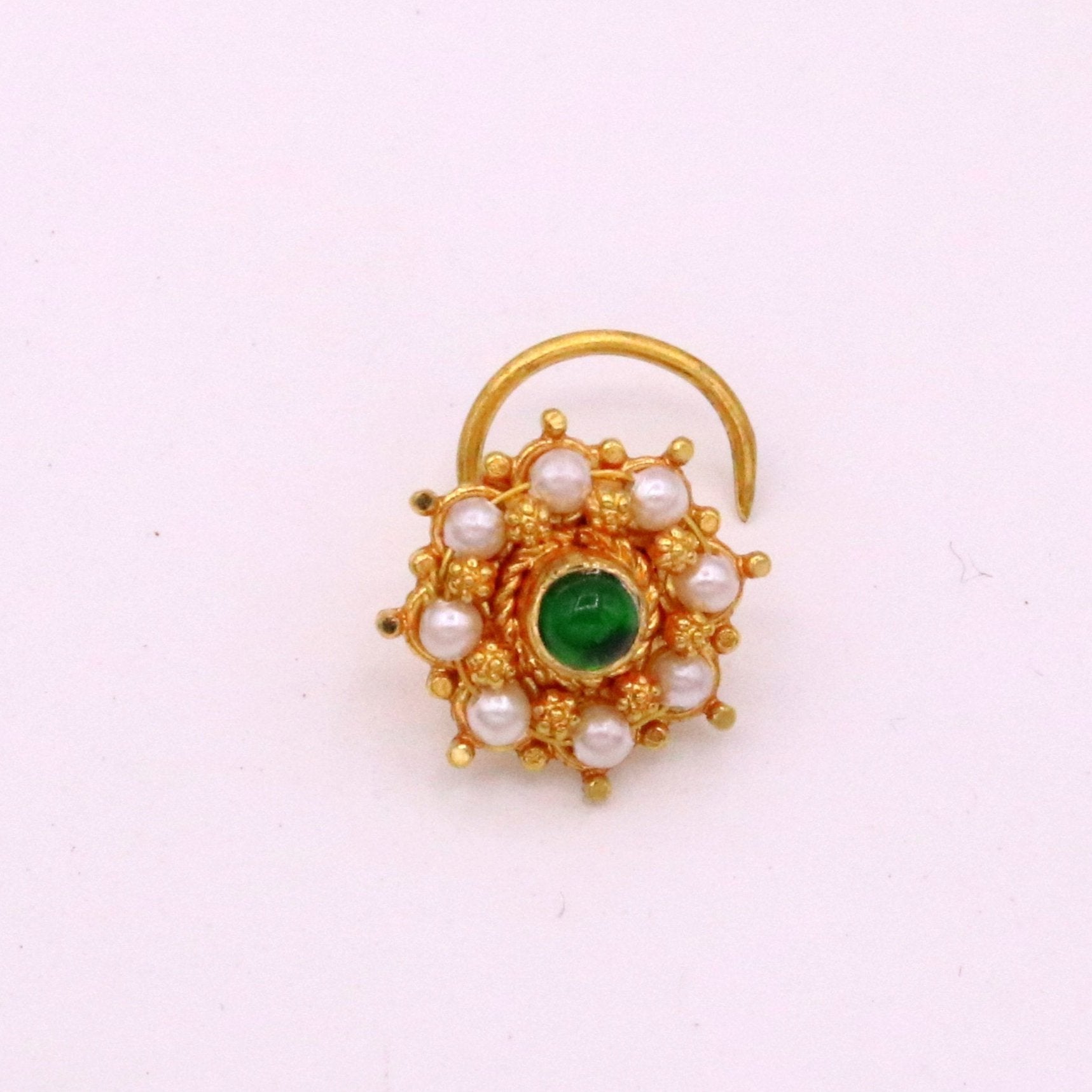 20kt ct excellent vintage antique designer nose pin pearl and green onyx stone fabulous stylish girl's women's nose pin party jewelry  gnp14 - TRIBAL ORNAMENTS