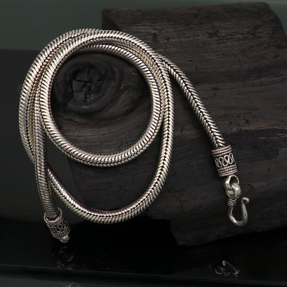 22-inch solid 925 sterling silver handmade snake chain with oxidized finish, vintage tribal jewelry style, ideal for pendant necklaces.