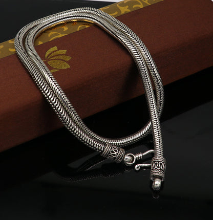 22-inch handmade sterling silver snake chain with oxidized vintage tribal design, suitable for pendants and stylish jewelry.
