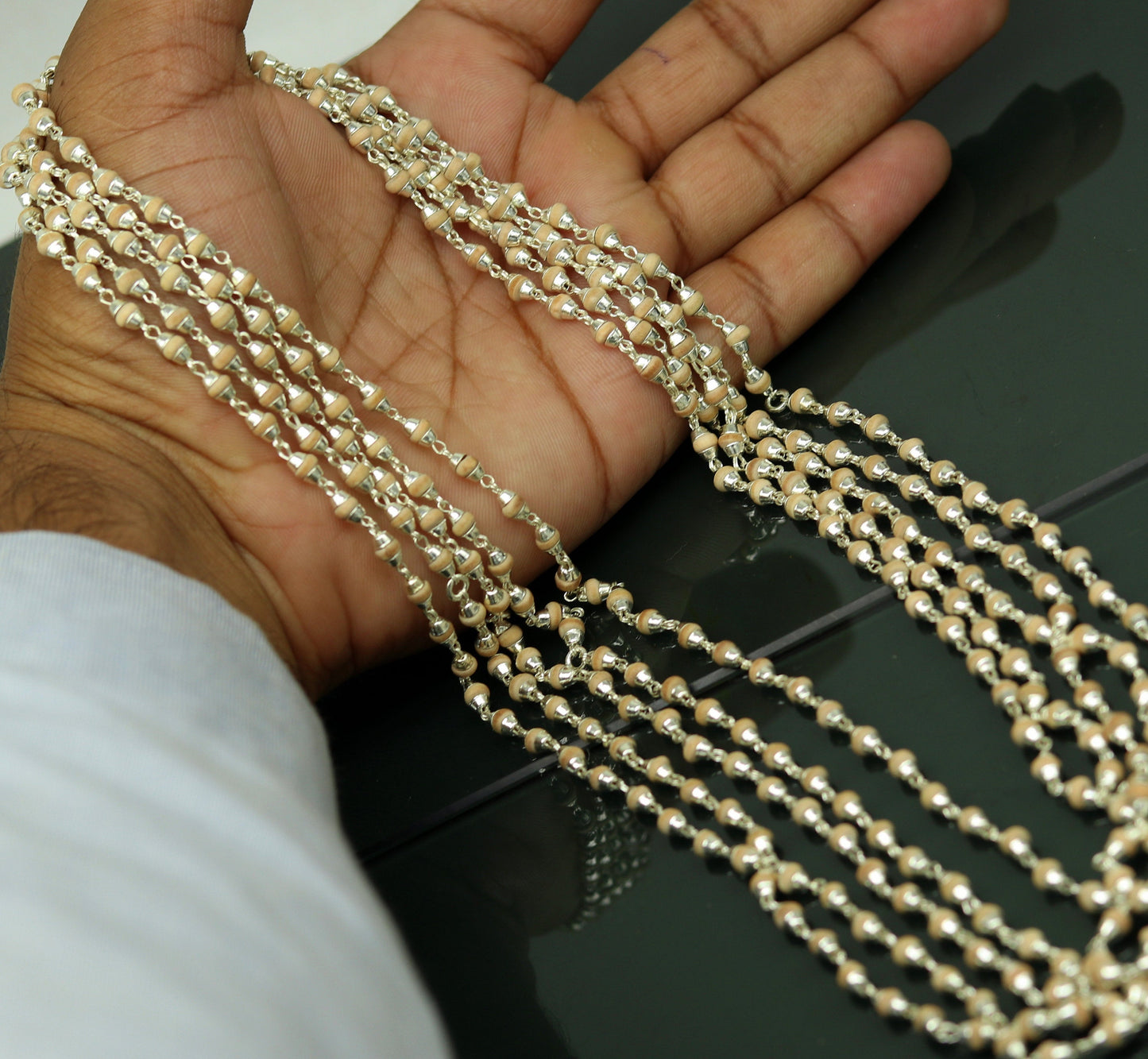 22" Sterling silver handmade wooden beads basil rosary beads silver chain necklace unisex jewelry , tulsi mala customized necklace ch84 - TRIBAL ORNAMENTS