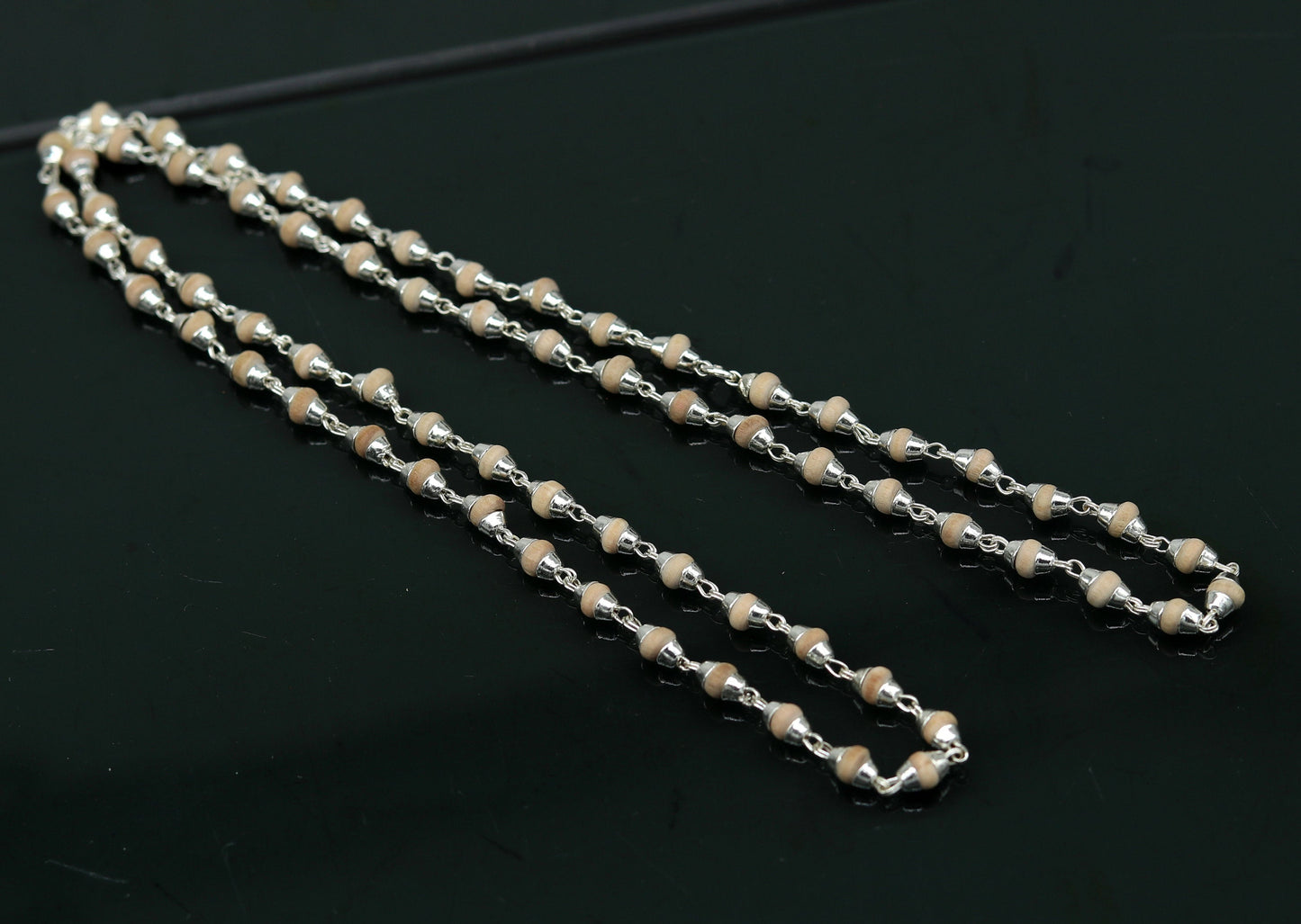 22" Sterling silver handmade wooden beads basil rosary beads silver chain necklace unisex jewelry , tulsi mala customized necklace ch84 - TRIBAL ORNAMENTS