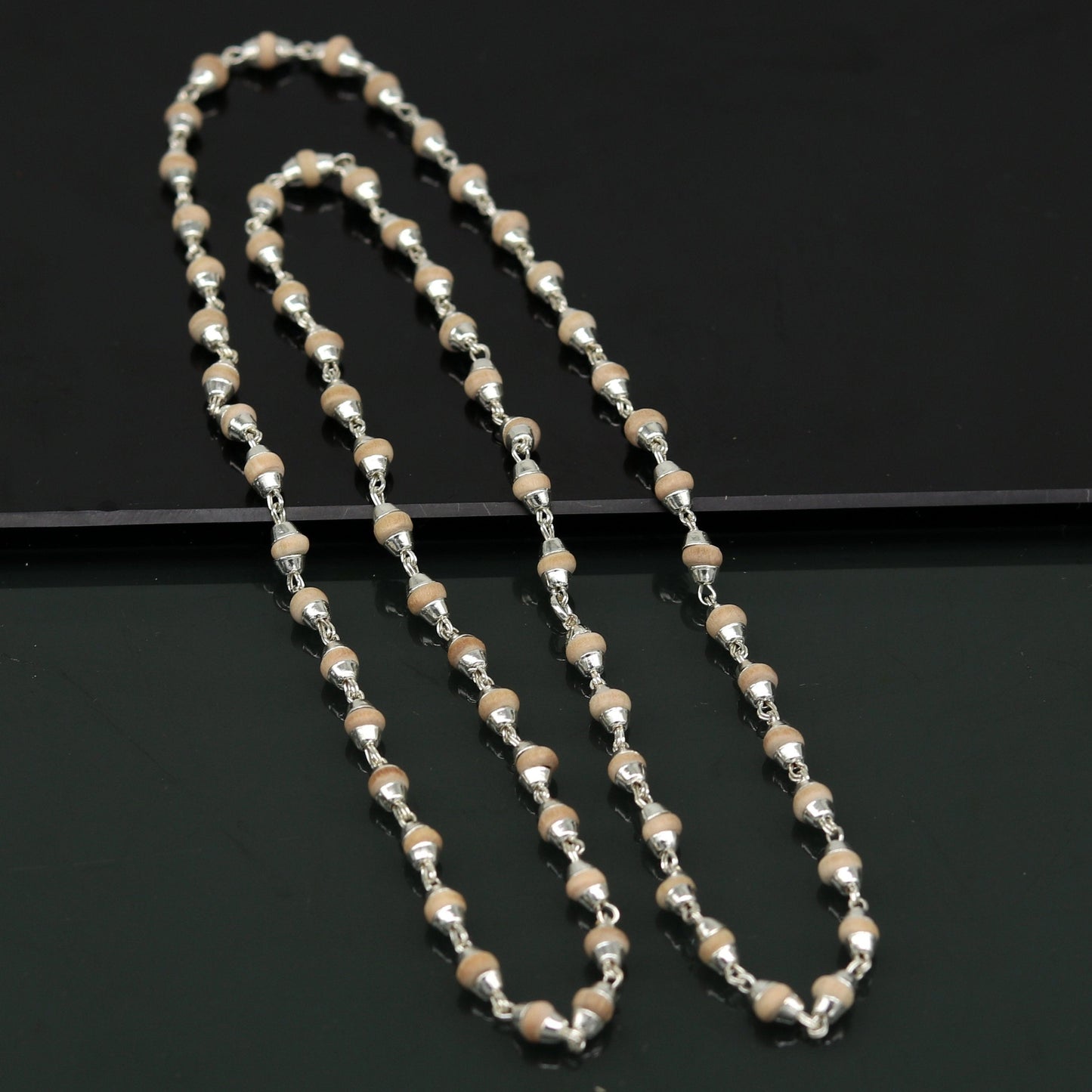 22" Sterling silver handmade wooden beads basil rosary beads silver chain necklace unisex jewelry , tulsi mala customized necklace ch84 - TRIBAL ORNAMENTS