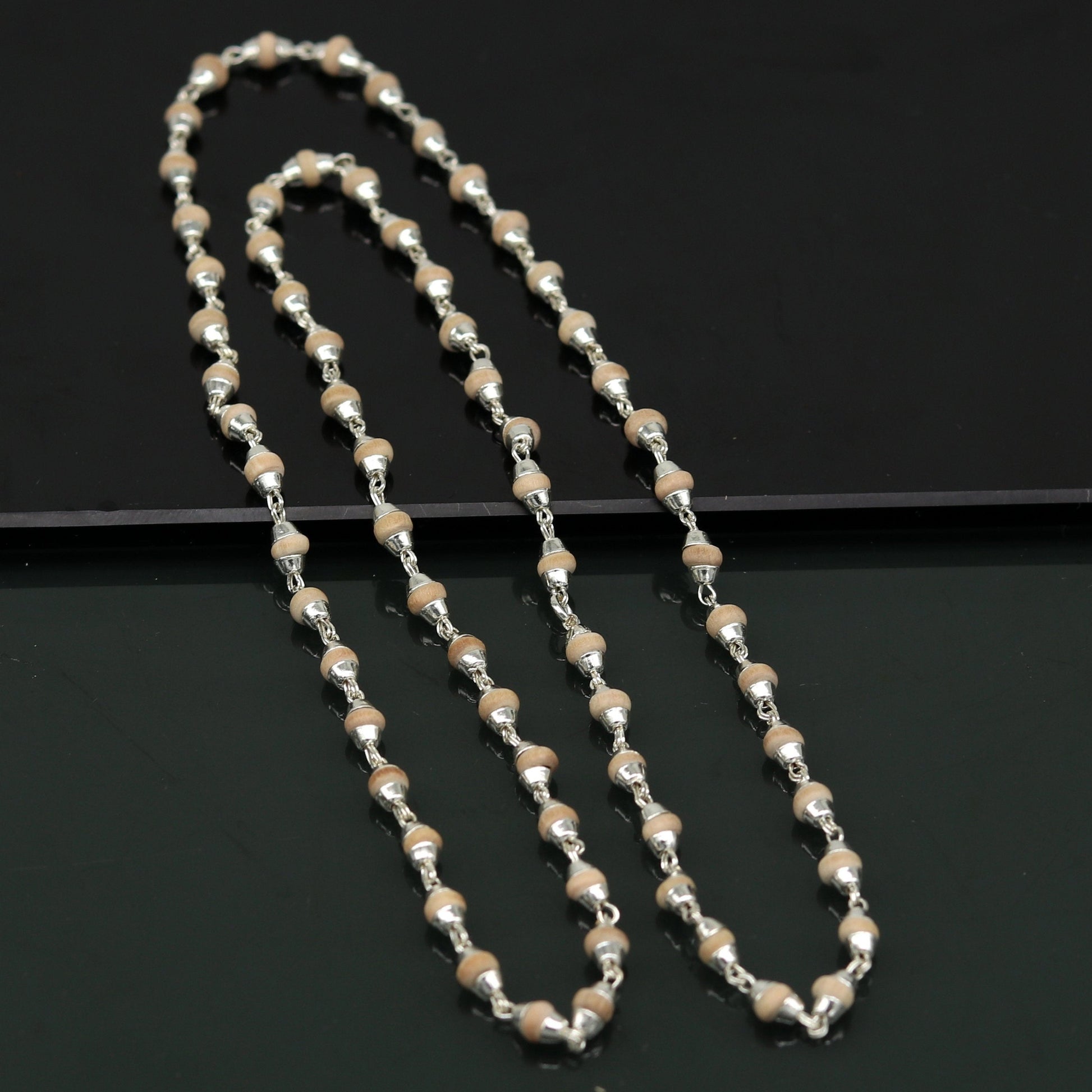 22" Sterling silver handmade wooden beads basil rosary beads silver chain necklace unisex jewelry , tulsi mala customized necklace ch84 - TRIBAL ORNAMENTS