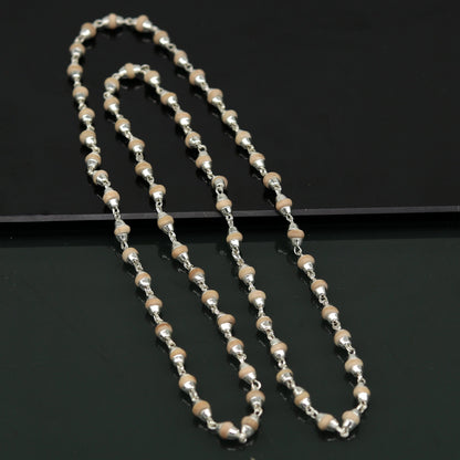 Unisex 22-inch sterling silver handmade basil rosary beads necklace with wooden beads and silver chain by Tribal Ornaments.