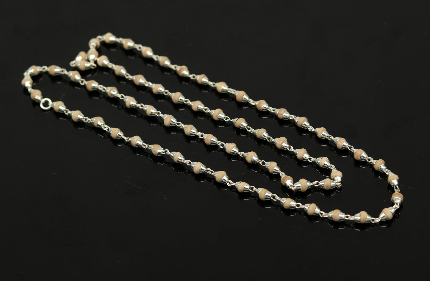 22" Sterling silver handmade wooden beads basil rosary beads silver chain necklace unisex jewelry , tulsi mala customized necklace ch84 - TRIBAL ORNAMENTS