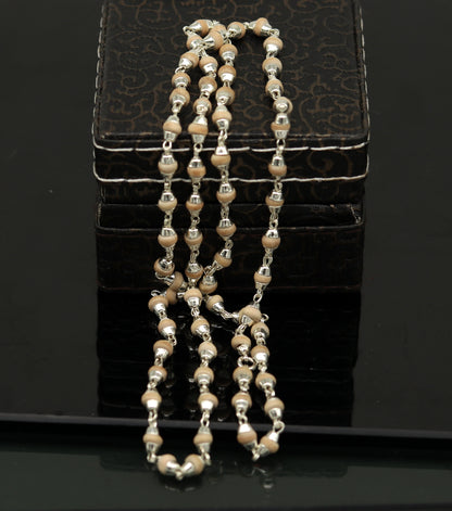 Sterling silver 22-inch handmade basil rosary beads necklace with wooden beads, unisex jewelry, customizable Tulsi mala by TRIBAL ORNAMENTS.
