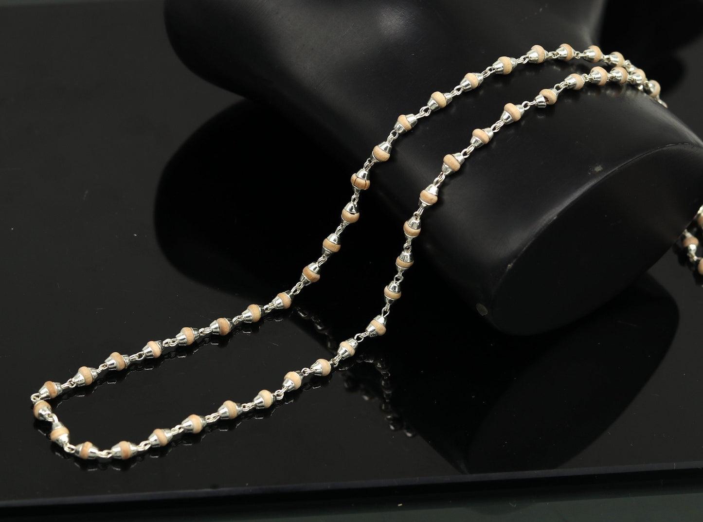 22" Sterling silver handmade wooden beads basil rosary beads silver chain necklace unisex jewelry , tulsi mala customized necklace ch84 - TRIBAL ORNAMENTS