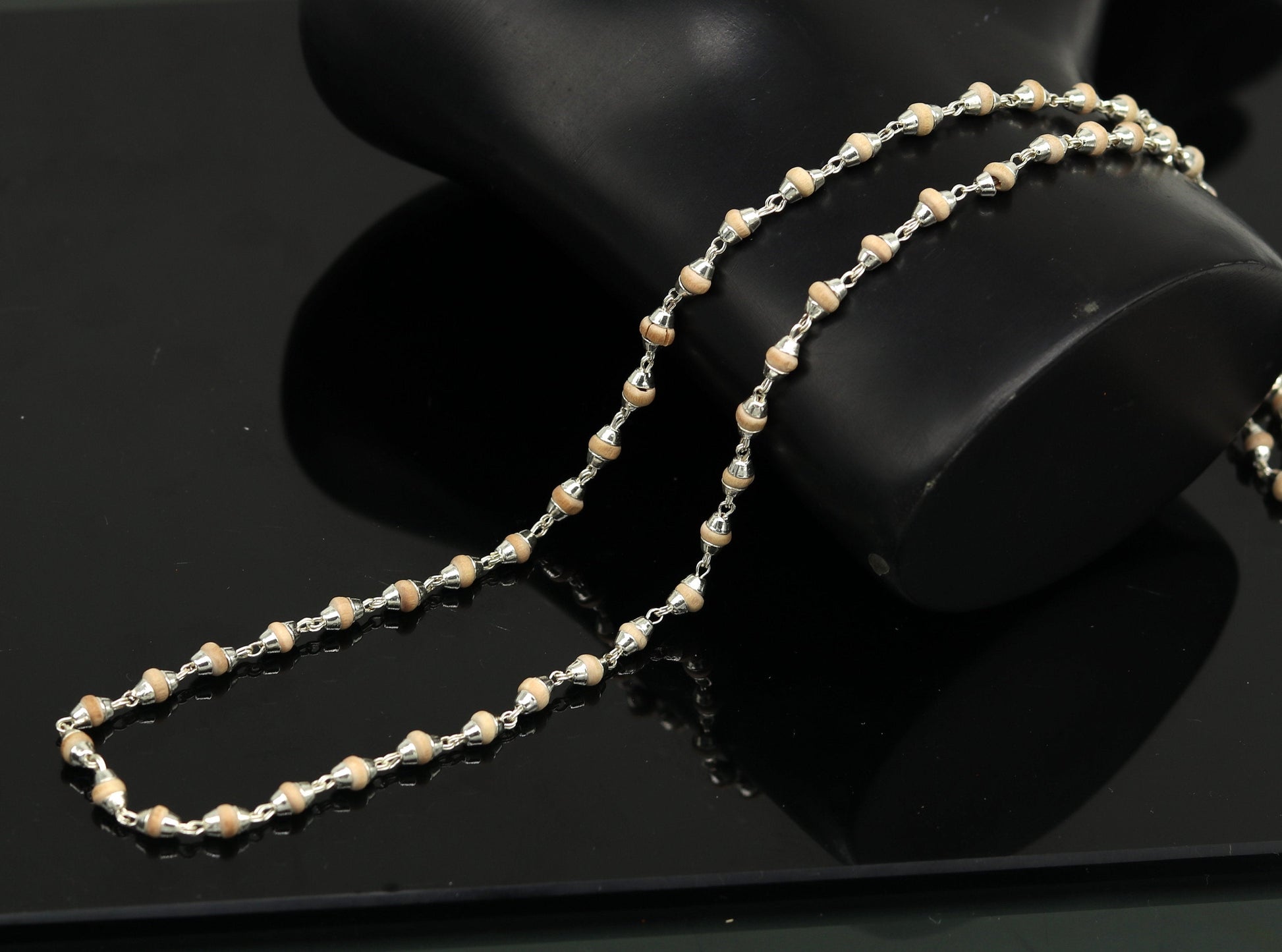 22" Sterling silver handmade wooden beads basil rosary beads silver chain necklace unisex jewelry , tulsi mala customized necklace ch84 - TRIBAL ORNAMENTS