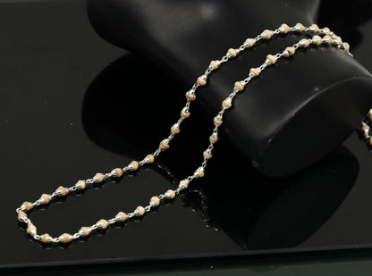 Unisex 22-inch sterling silver basil rosary beads necklace with wooden beads and silver chain, handmade tribal jewelry.