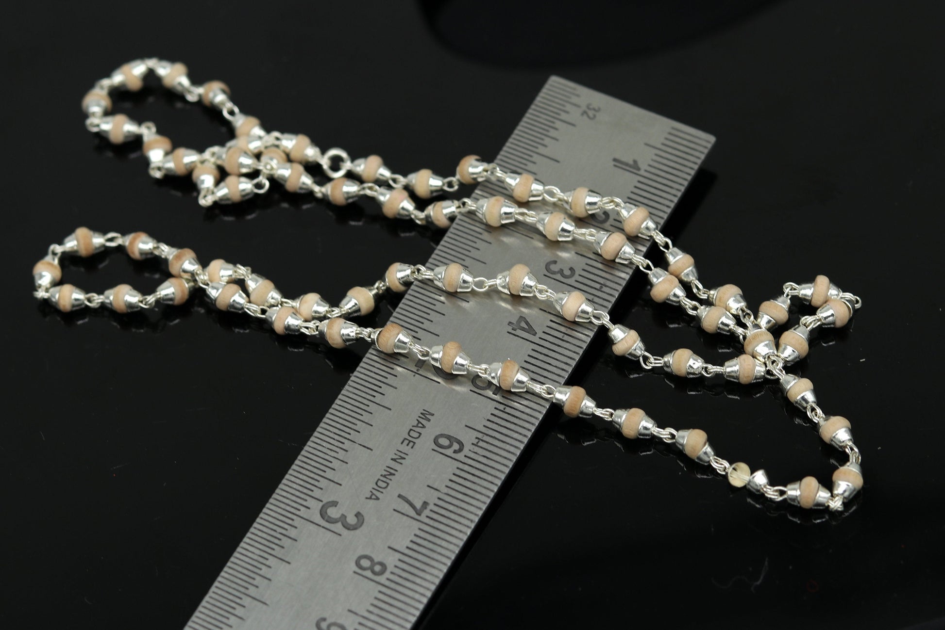 22" Sterling silver handmade wooden beads basil rosary beads silver chain necklace unisex jewelry , tulsi mala customized necklace ch84 - TRIBAL ORNAMENTS