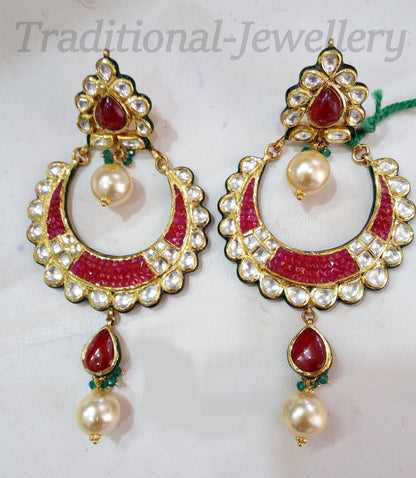 22K yellow gold handmade Kundan Jadau stud earrings with dangling pearls, intricate bridal jewelry by TRIBAL ORNAMENTS