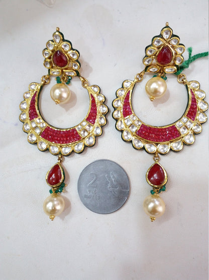 22K yellow gold handmade Kundan Jadau stud earrings with dangling pearls, Tribal Ornaments bridal jewelry, elegant and traditional design