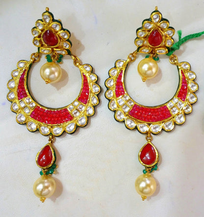 22K yellow gold handmade Kundan Jadau stud earrings with dangling pearls, traditional bridal jewelry by TRIBAL ORNAMENTS