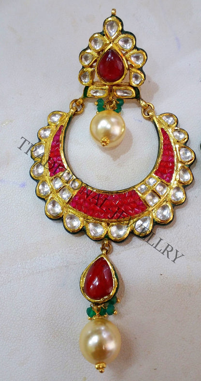 22K yellow gold handmade Kundan Jadau stud earrings with dangling pearls, exquisite bridal jewelry by TRIBAL ORNAMENTS.