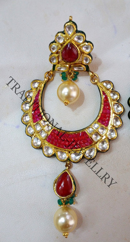 22K yellow gold handmade Kundan Jadau stud earrings with dangling pearls, intricate bridal jewelry by TRIBAL ORNAMENTS