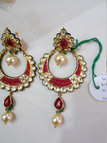 22K yellow gold handmade Kundan Jadau stud earrings with dangling pearls, exquisite bridal jewelry by TRIBAL ORNAMENTS.