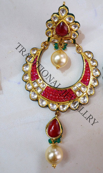22K yellow gold handmade Kundan Jadau stud earrings with dangling pearls, exquisite bridal jewelry by TRIBAL ORNAMENTS