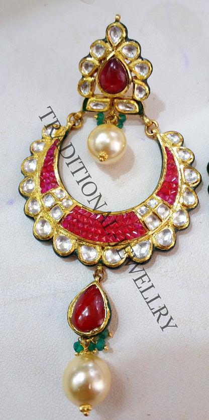 22K yellow gold Kundan Jadau stud earrings with dangling pearls, handmade tribal jewelry perfect for bridal occasions.