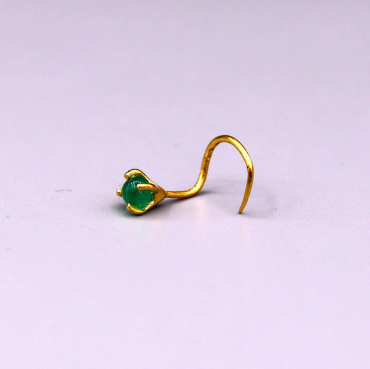 22 karat gold handmade fabulous nose pin single green stone women's jewelry - TRIBAL ORNAMENTS