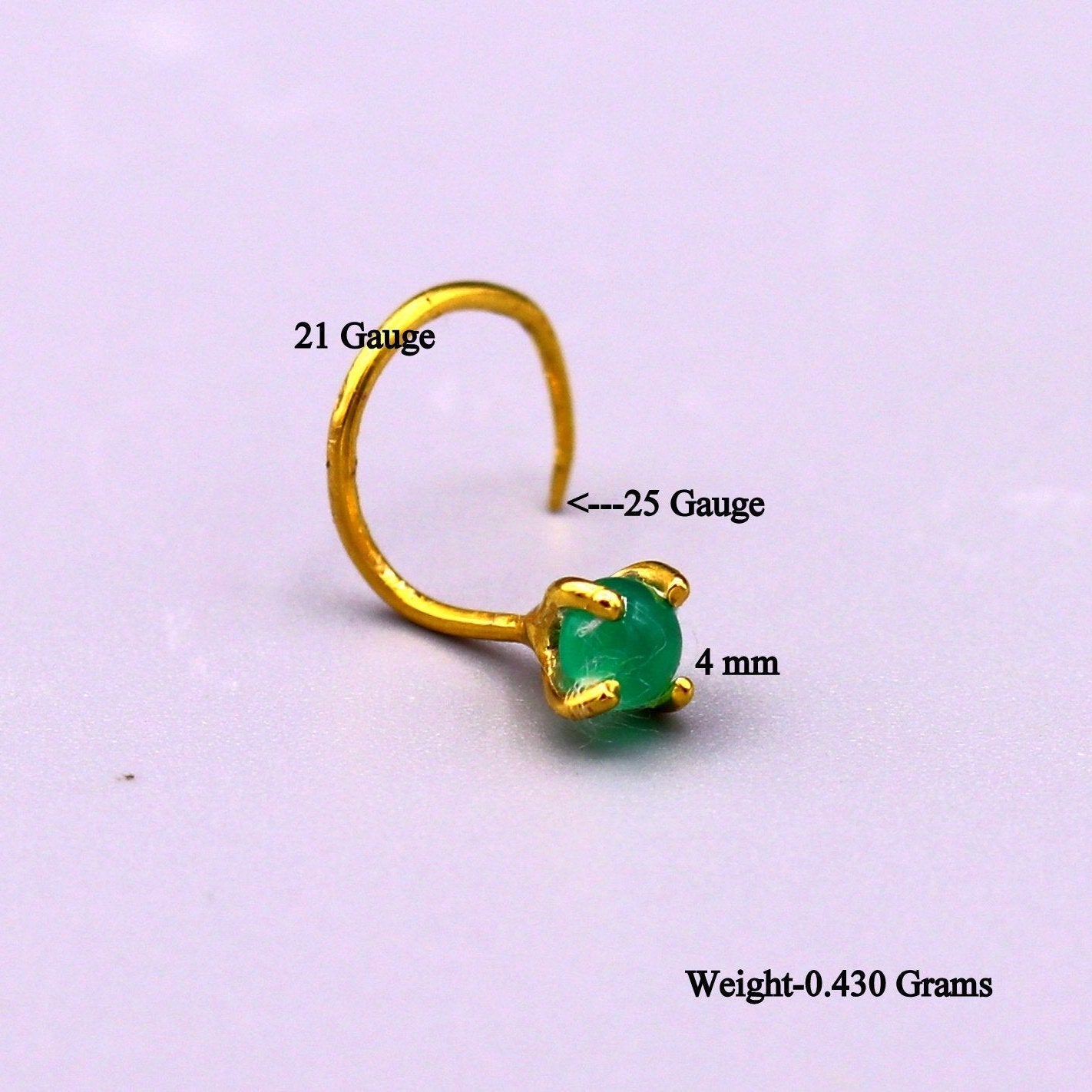 22 karat gold handmade fabulous nose pin single green stone women's jewelry - TRIBAL ORNAMENTS