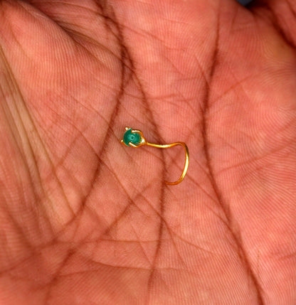 22 karat gold handmade fabulous nose pin single green stone women's jewelry - TRIBAL ORNAMENTS