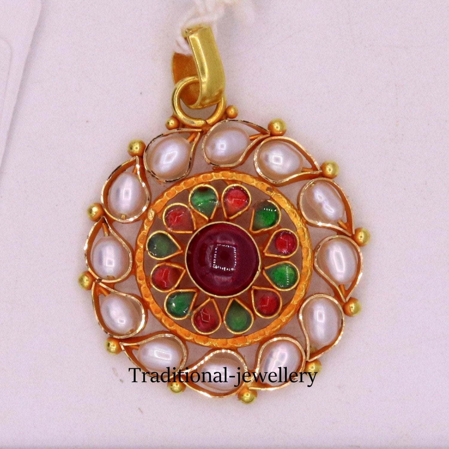 22K yellow gold vintage tribal pendant from Rajasthan with pearl and red stone, handmade tribal jewelry by Tribal Ornaments.