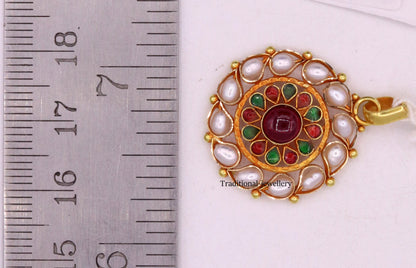 22K yellow gold vintage tribal pendant with pearl and red stone from Rajasthan tribal jewelry.