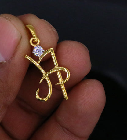 22KT yellow gold handmade letter “H” pendant with cubic zirconia from TRIBAL ORNAMENTS, stylish personalized jewelry.