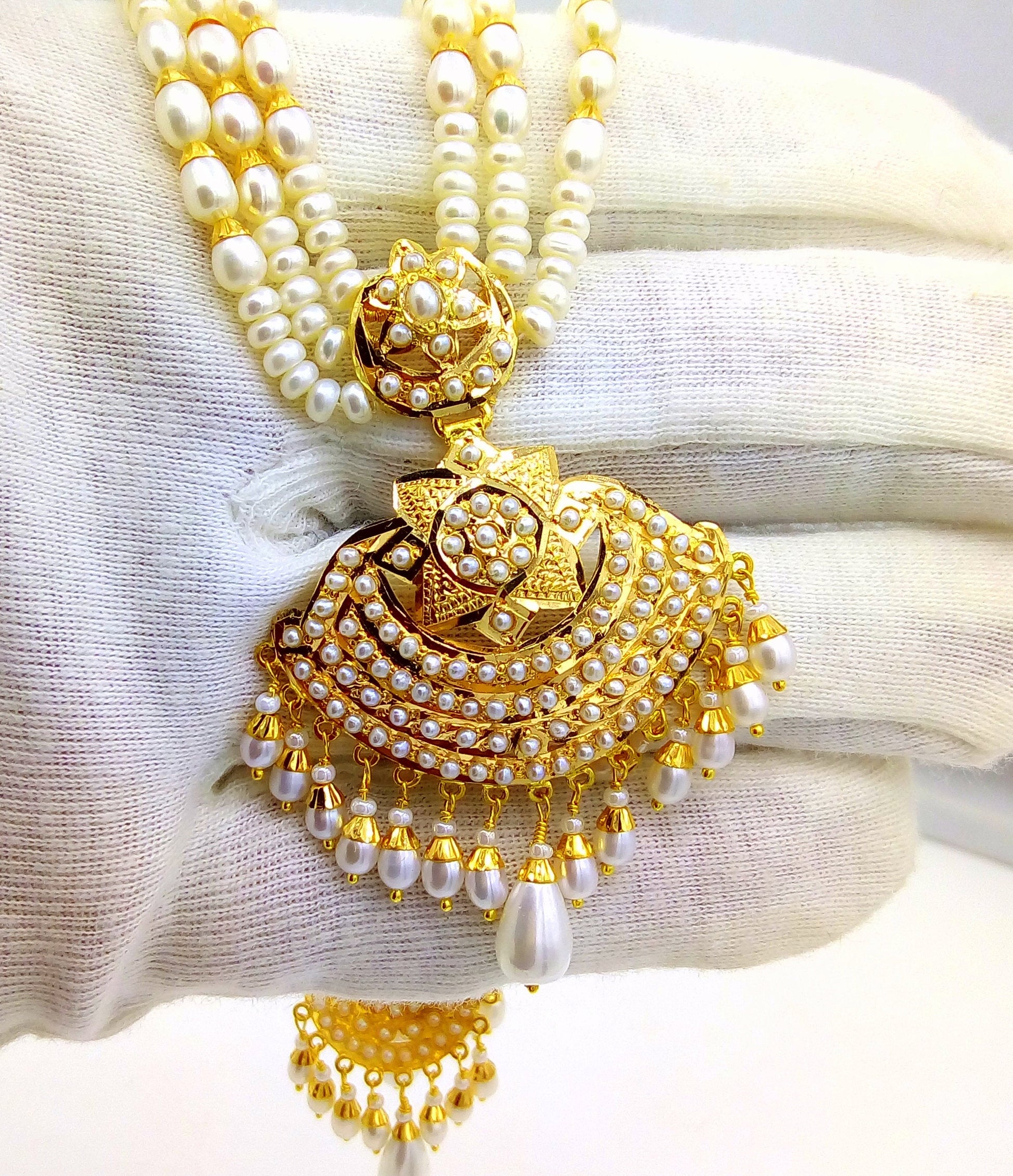 222kt yellow gold handmade gorgeous pearl necklace excellent wedding bridal necklace unisex tribal punjabi muslim jewelry set08 - TRIBAL ORNAMENTS